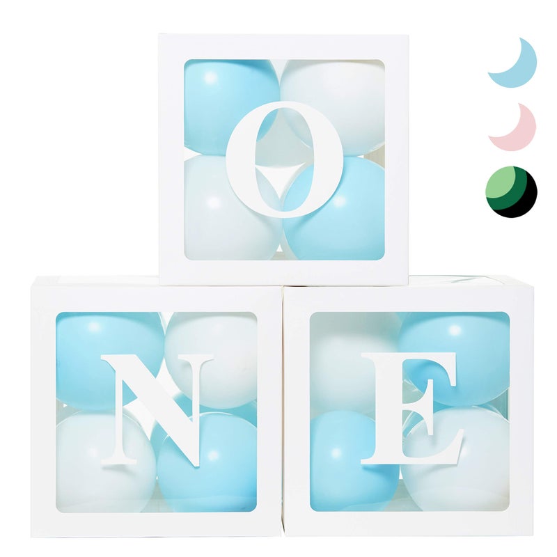 PartyHooman 1st Birthday 'ONE' Boxes - Boy Decorations with 24 Balloons - Clear Cube Blocks 'ONE' Letters for Cake Smash Photoshoot Props & Backdrop - Image 1